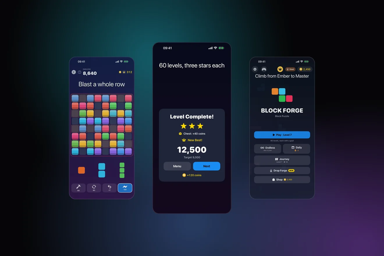 Three Block Forge 2.0 screens: a Journey level complete with three stars in the middle, the Blaster armed over a crowded board on the left, and the home screen with the Steel rank on the right