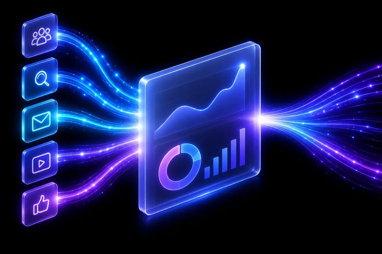 Abstract glassmorphism visual of converging data streams into one panel