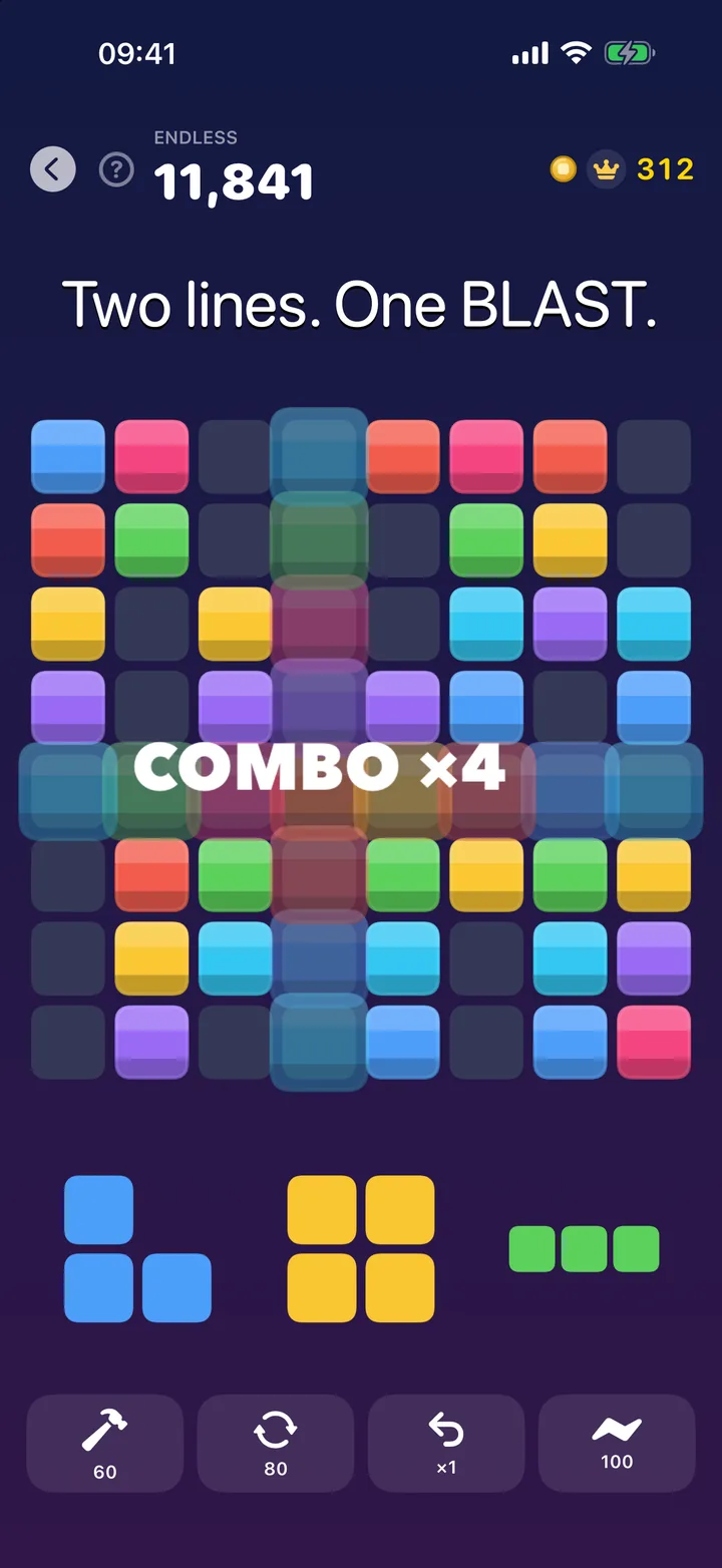Block Forge 2.0: two lines clearing at once under a ×4 combo