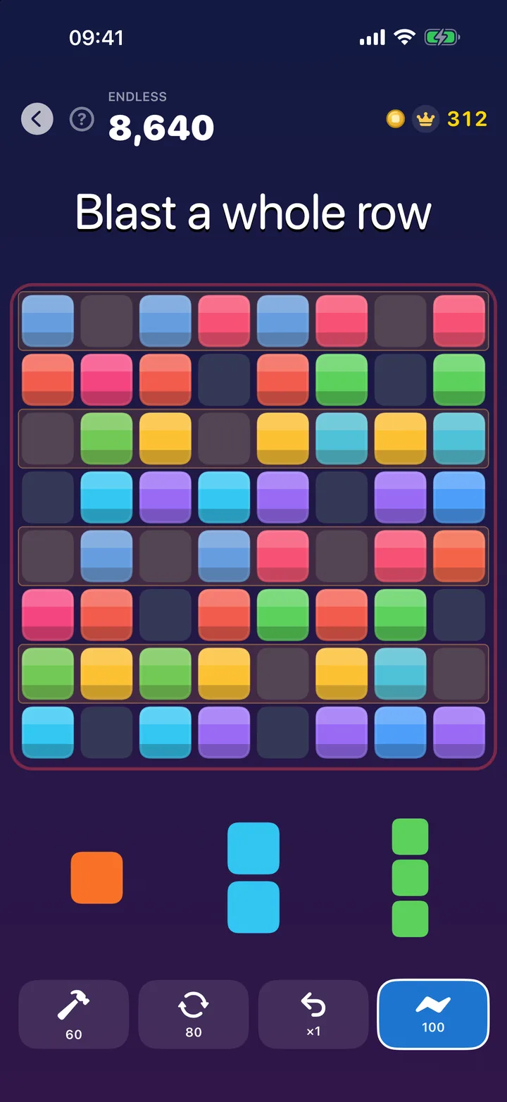 Block Forge 2.0: the Blaster selected in the booster row, ready to clear a line on a crowded board