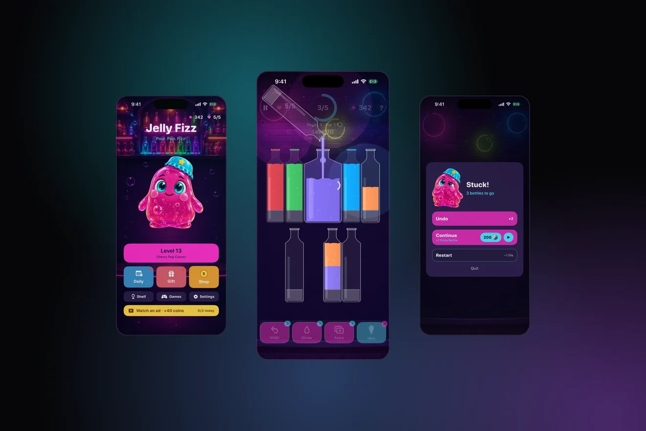 Three Jelly Fizz 1.1 screens: Bloop on the home screen, a Party Jug filling on level 10, and the Stuck screen offering Undo, Continue and Restart