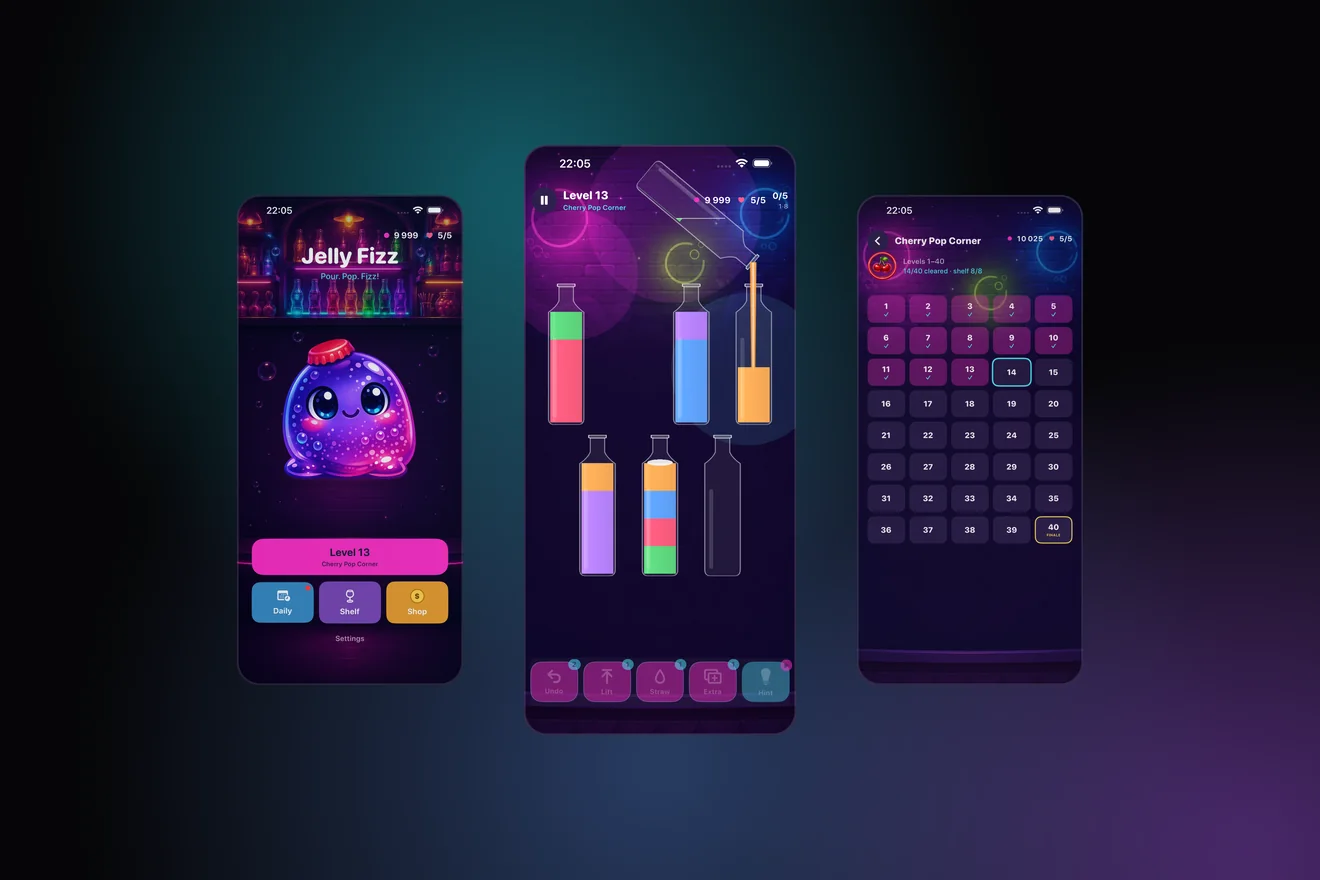 Three Jelly Fizz screens side by side: Bloop on the home screen, a pour mid-flight on level 13, and the Cherry Pop Corner level grid