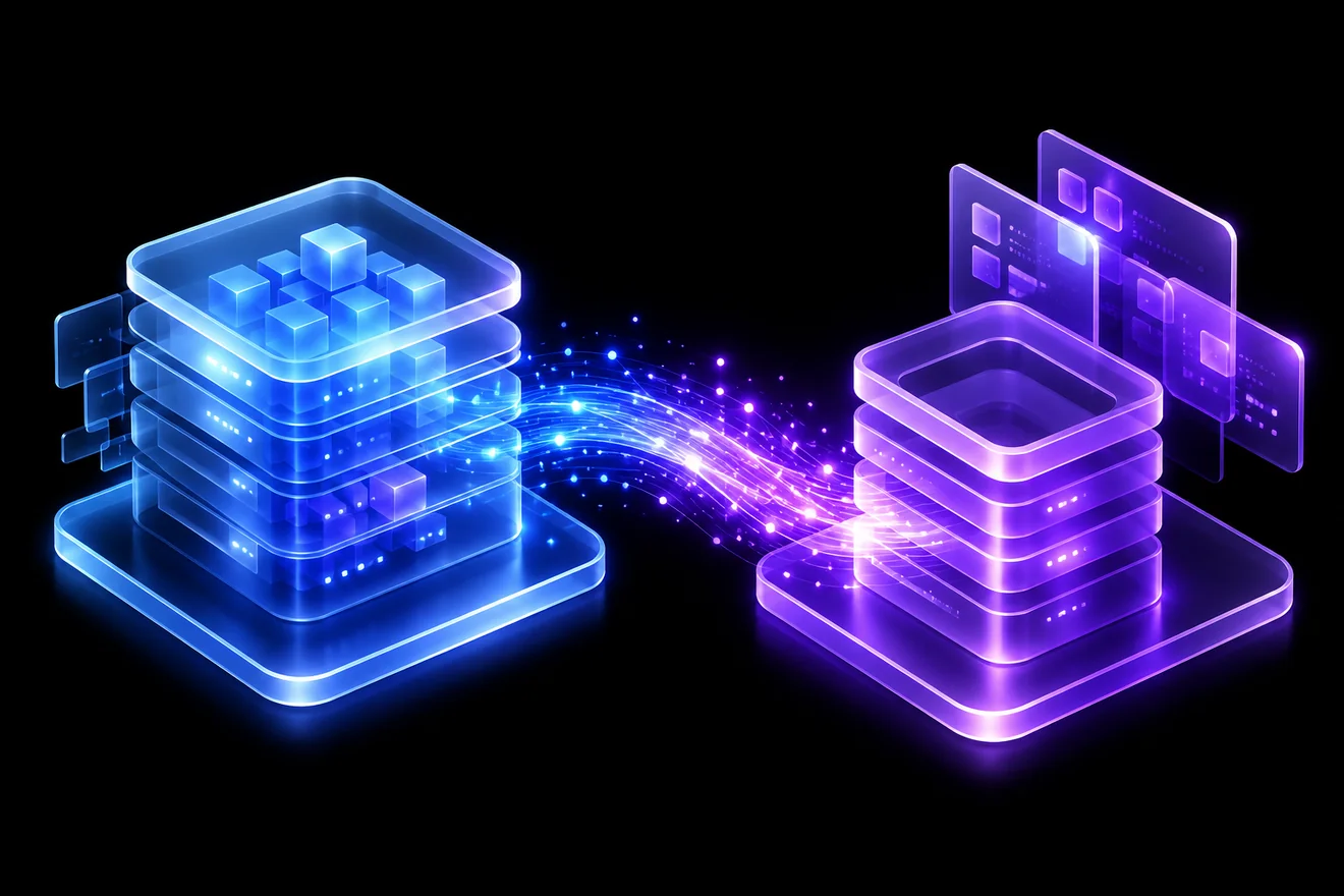 Abstract glassmorphism visual of data moving between two platforms