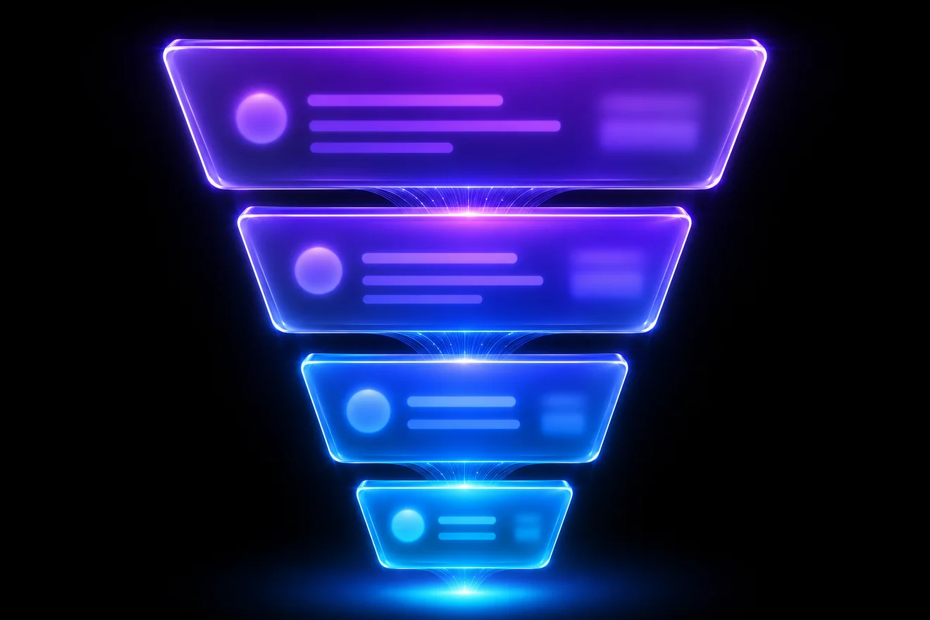 Abstract glassmorphism dashboard visualising a conversion funnel