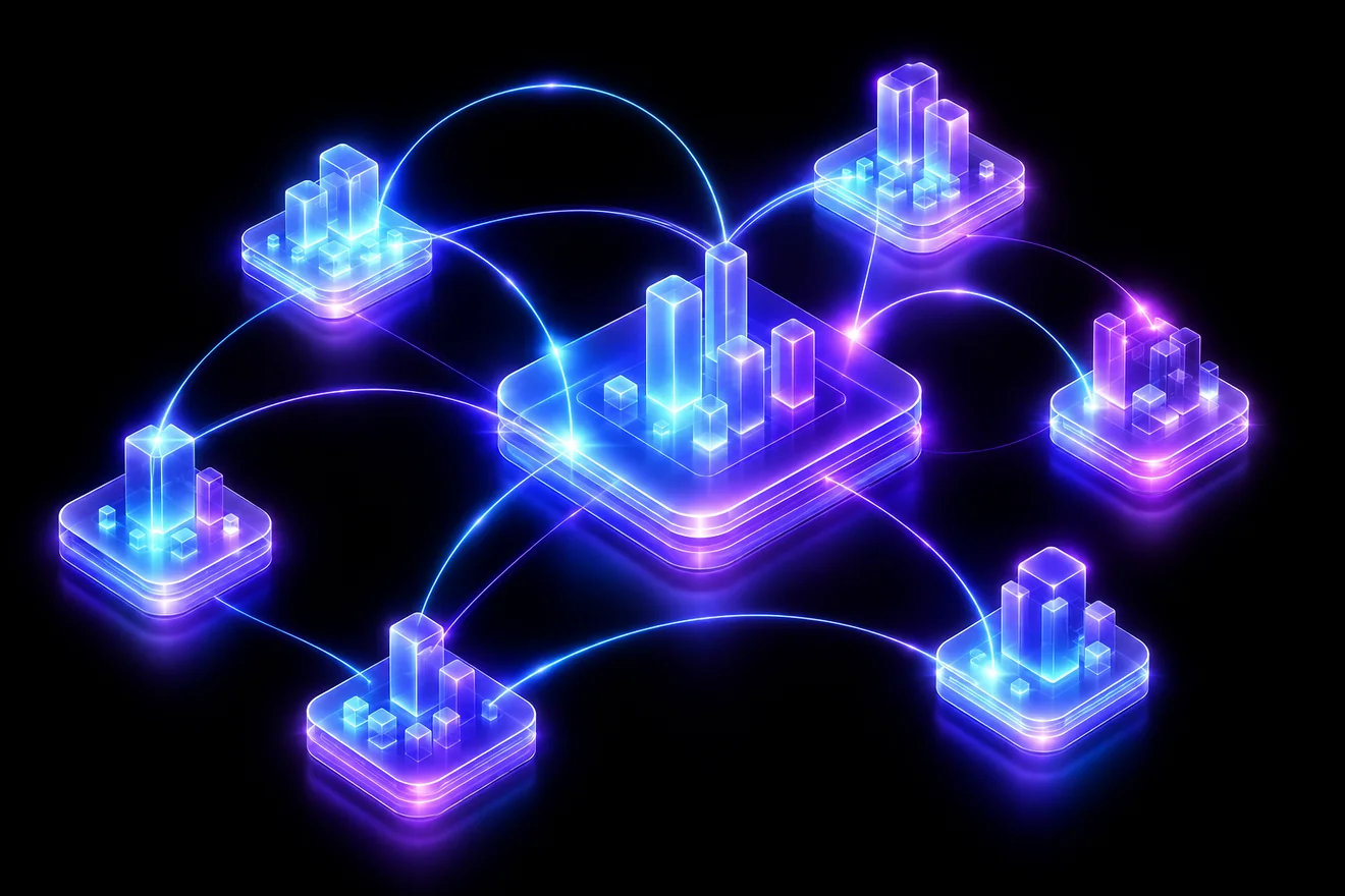 Abstract glassmorphism visual of connected market nodes across a dark map