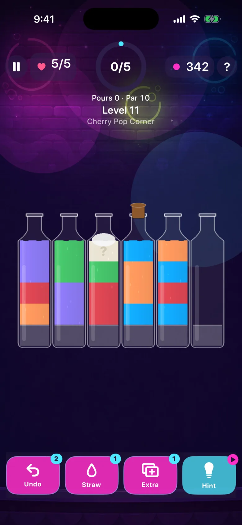 Jelly Fizz: a level 11 board mid-solve, one bottle under a foam cap and one under a cork